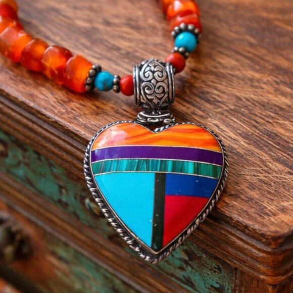 Native American Sterling Inlay Heart Necklace – Kingman Turquoise, Spiny Oyster - Picture 2 of 8